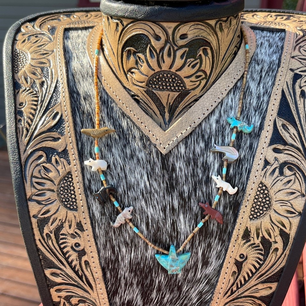Navajo Handmade Fetish Necklace Carved Stone Animals and Sterling Silver 18 in